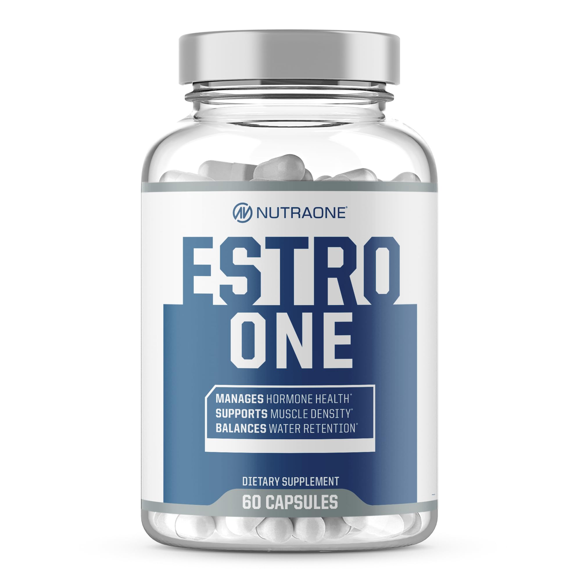NutraOne EstroOne bottle front with capsules for hormone health support.