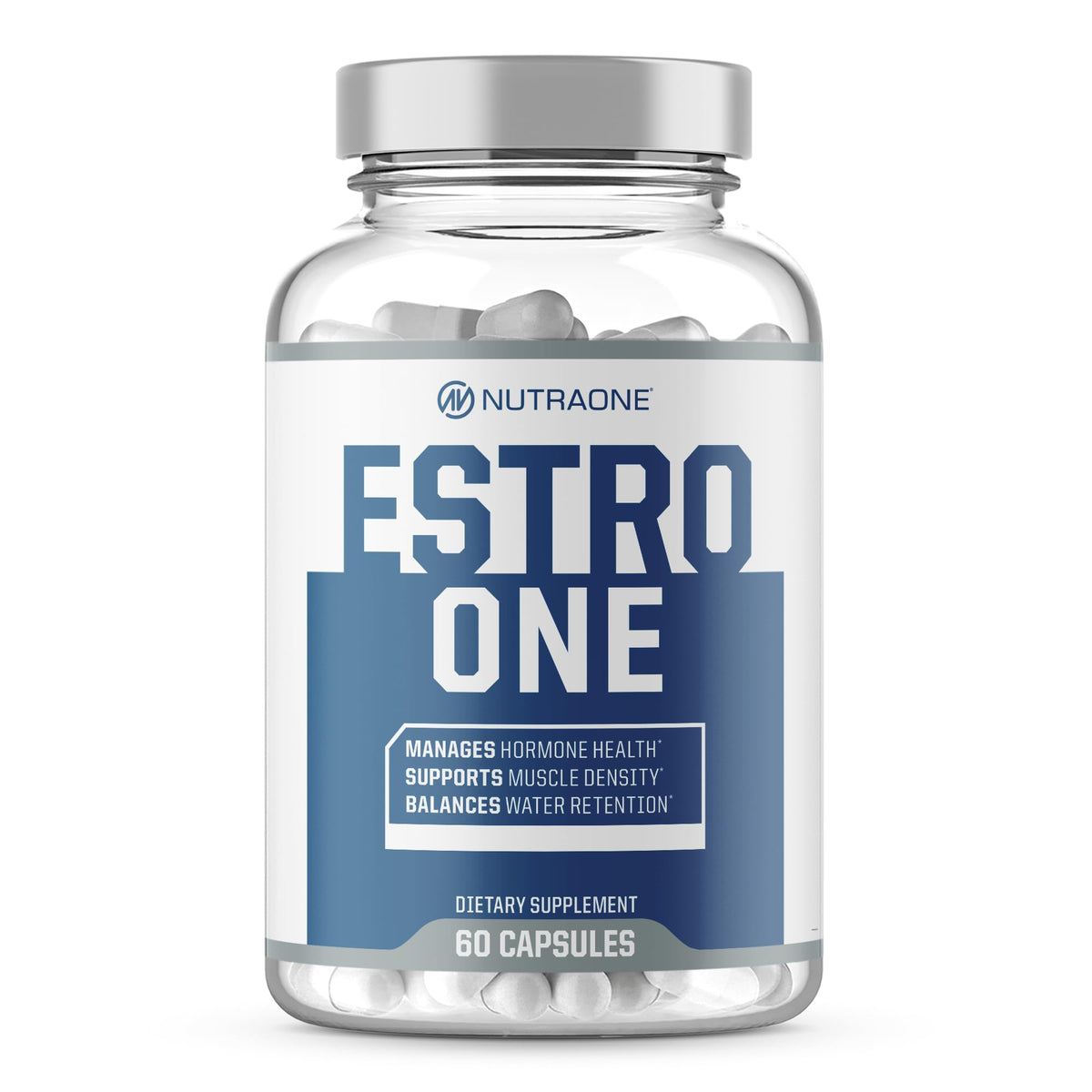 NutraOne EstroOne bottle front with capsules for hormone health support.