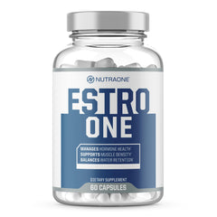 NutraOne EstroOne bottle front with capsules for hormone health support.