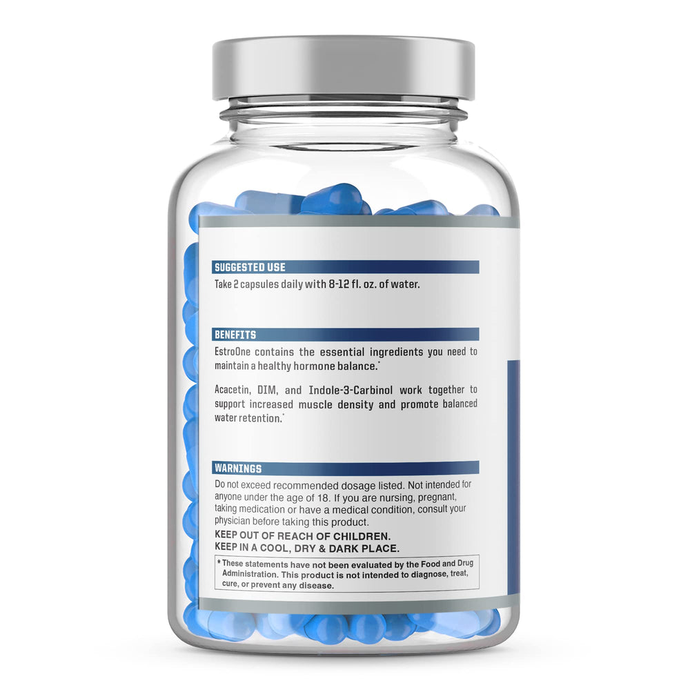 Close-up of NutraOne EstroOne capsules for daily hormone balance.