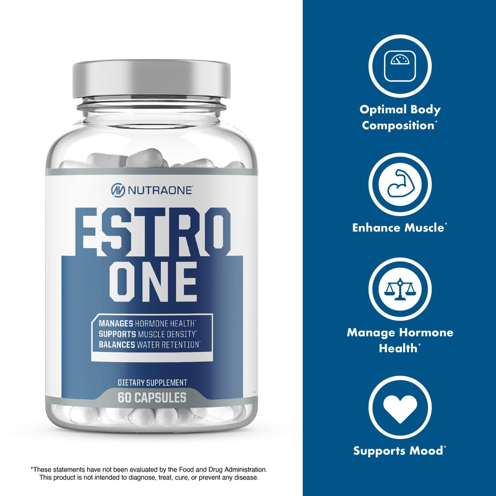NutraOne EstroOne bottle on a workout setup for mood and drive support.