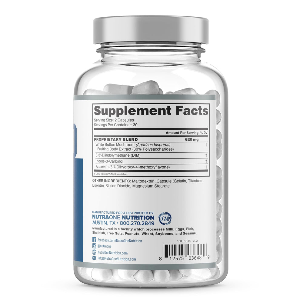 NutraOne EstroOne label design highlighting quality and GMP standards.