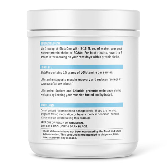 NutraOne GlutaOne bottle front shows premium amino acid supplement for athletes