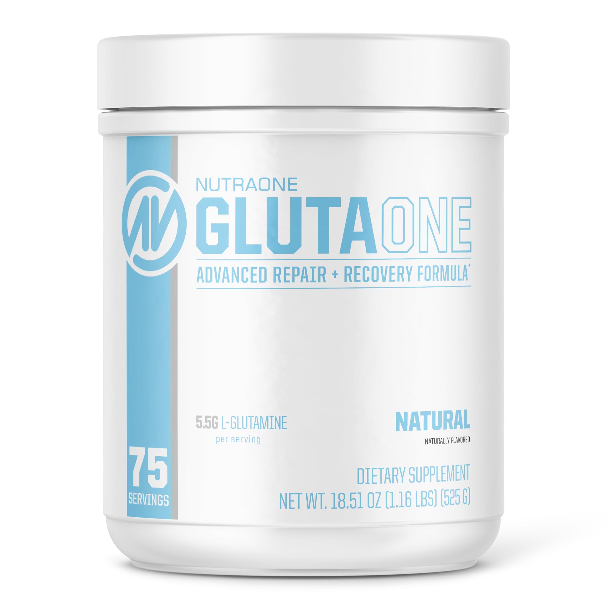 NutraOne GlutaOne bottle label highlights 75 servings for post-workout recovery