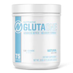 NutraOne GlutaOne bottle label highlights 75 servings for post-workout recovery