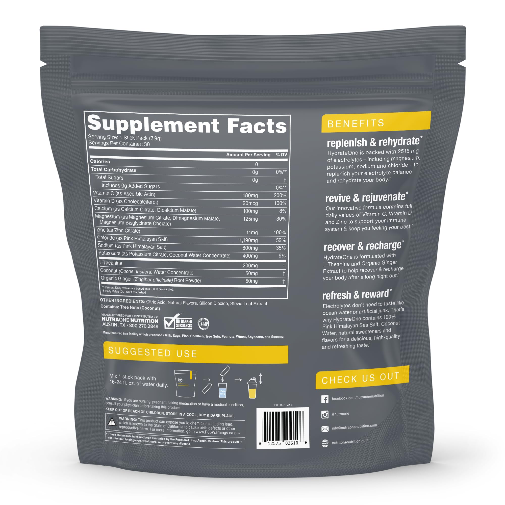 NutraOne HydrateOne 30-serving tub front shows convenient electrolyte replenishment.
