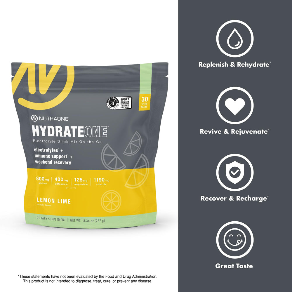 NutraOne HydrateOne glass with drink after workout showcases refreshing lemon-lime flavor.