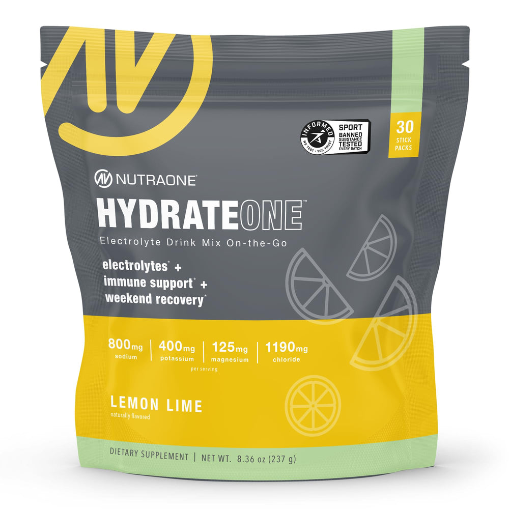 NutraOne HydrateOne lemon-lime stick pack in use for quick on-the-go hydration.