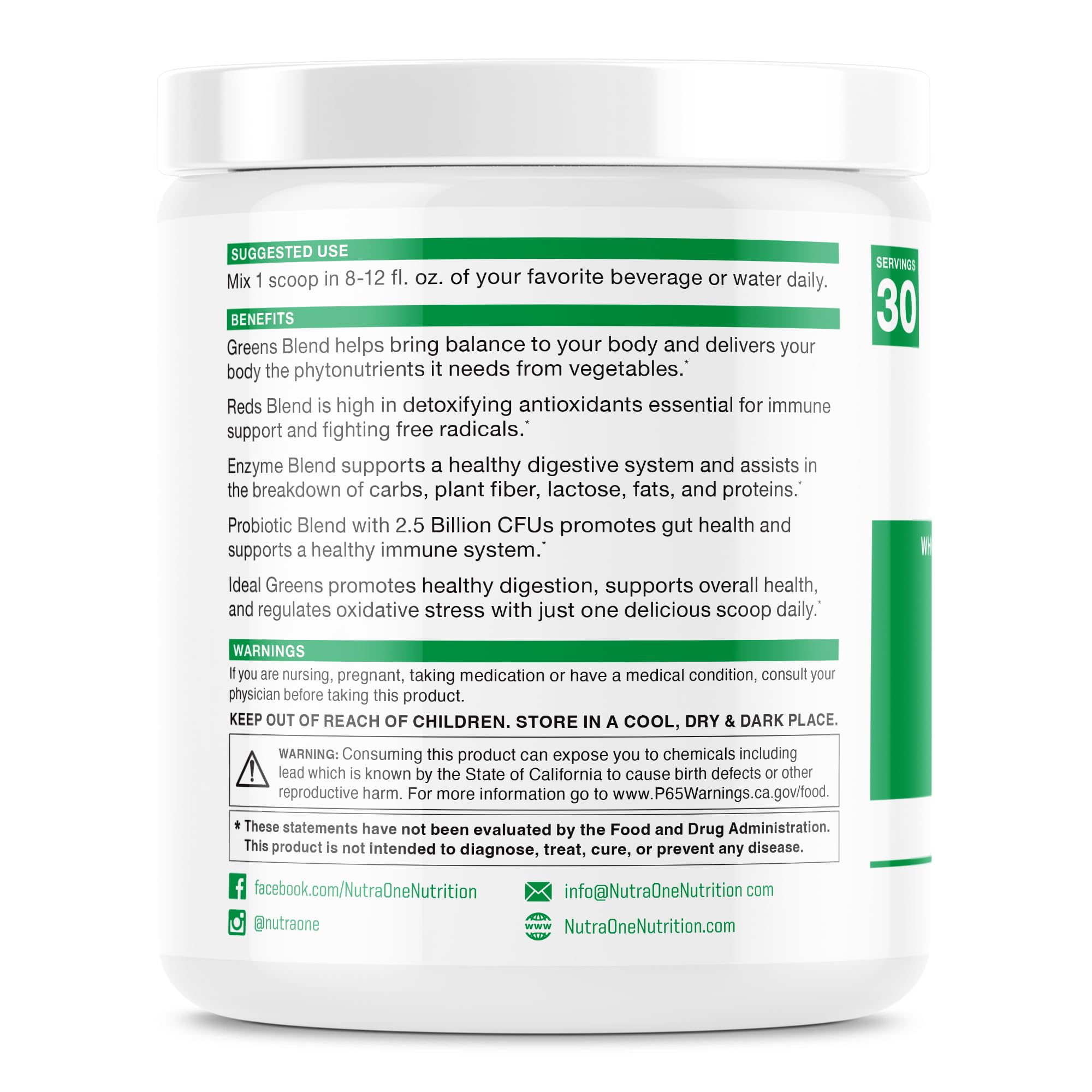 NutraOne Ideal Greens Berry spoon-dispense shows an easy-to-use serving for antioxidants and fiber.