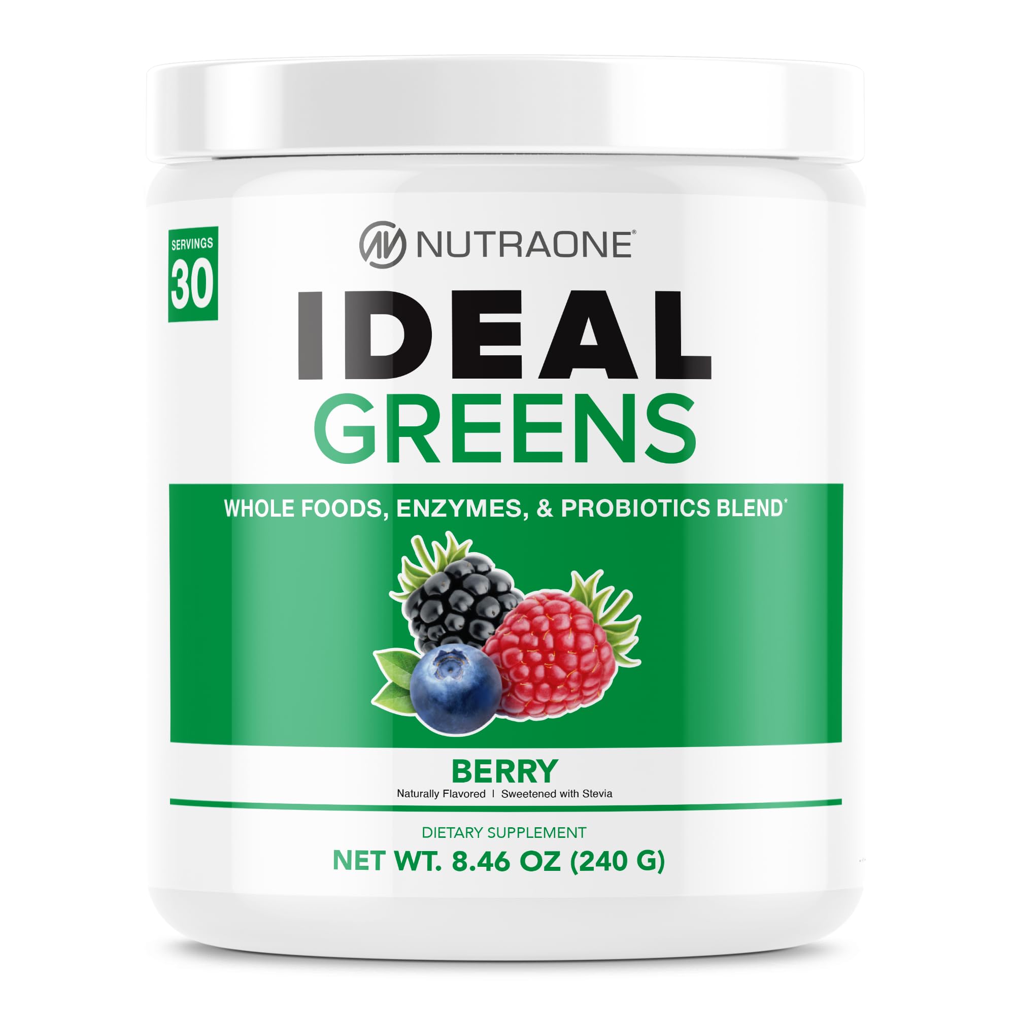 NutraOne Ideal Greens Berry tub front shows a convenient daily superfood blend for busy mornings.