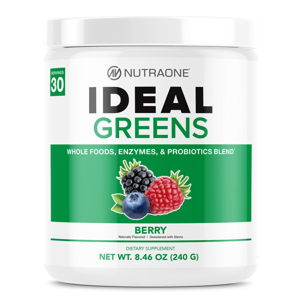 NutraOne Ideal Greens Berry tub front shows a convenient daily superfood blend for busy mornings.