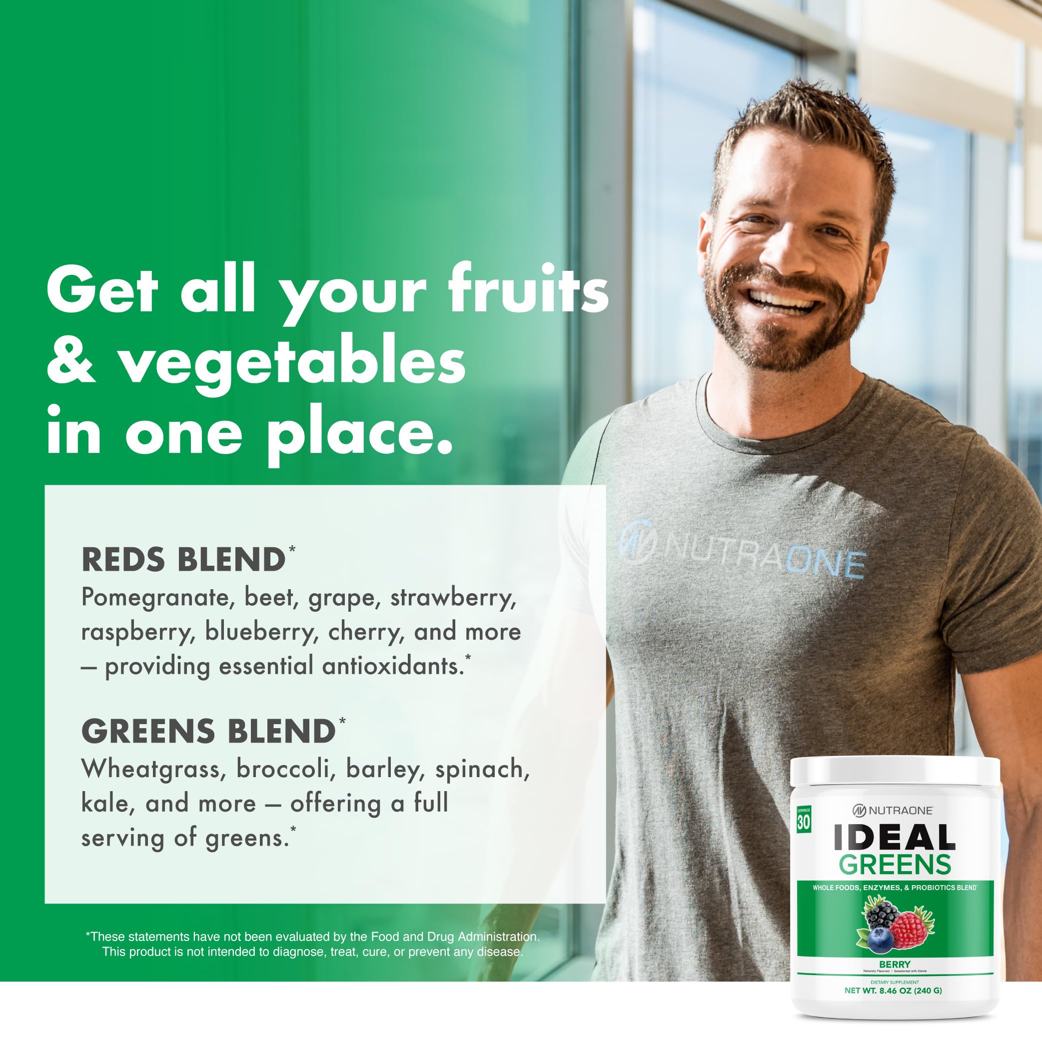 NutraOne Ideal Greens Berry daily-use glass with powder mix shows simple incorporation.
