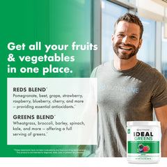 NutraOne Ideal Greens Berry daily-use glass with powder mix shows simple incorporation.