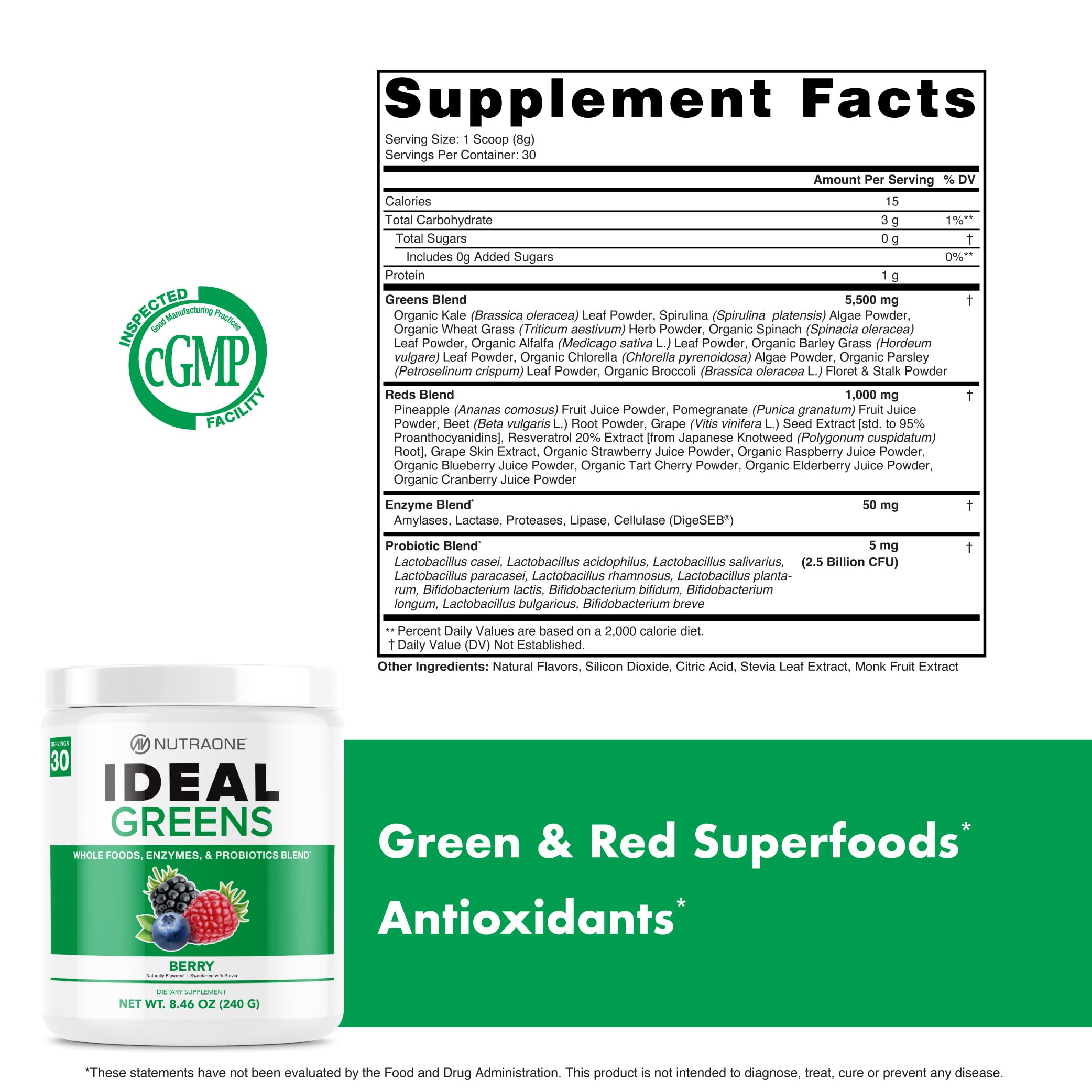 NutraOne Ideal Greens Berry fruit-berries-pineapple mix showcases fruity flavor and antioxidant variety.