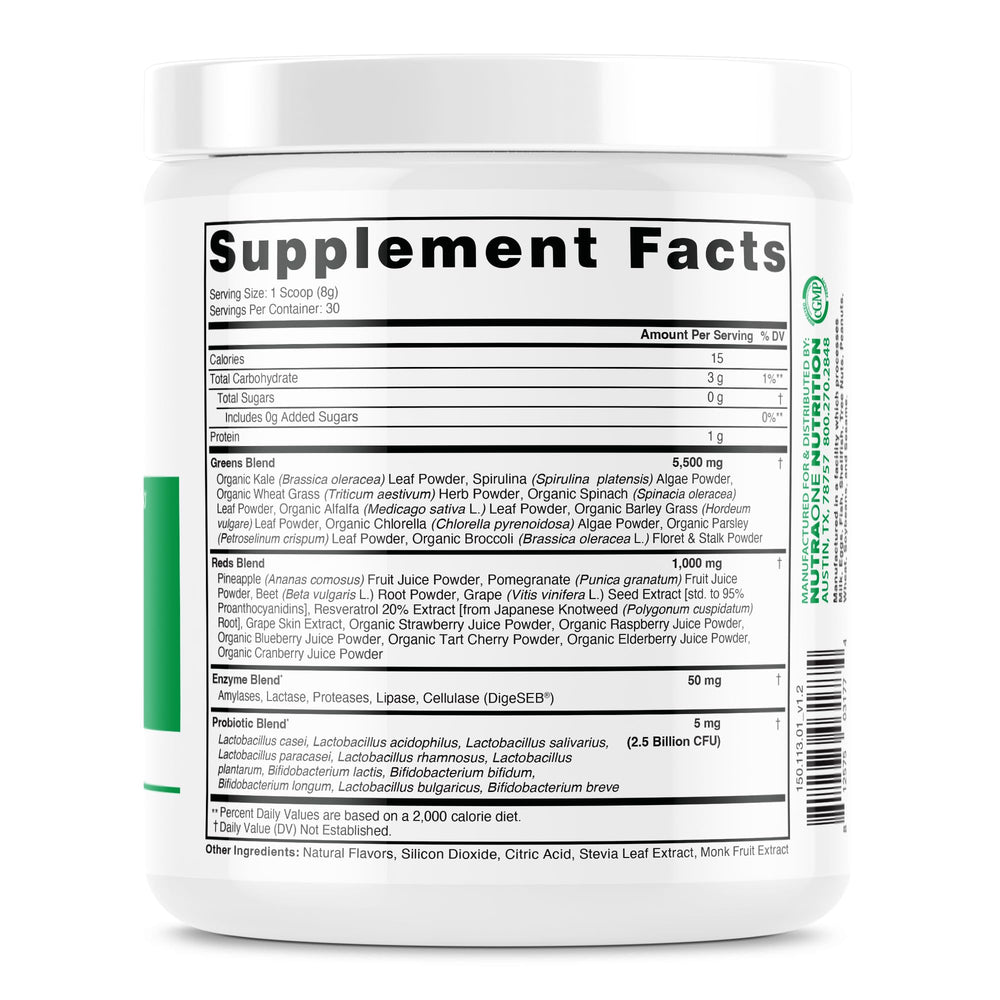 NutraOne Ideal Greens Berry ingredient-blends highlight spirulina and beets for vibrant color and nutrients.