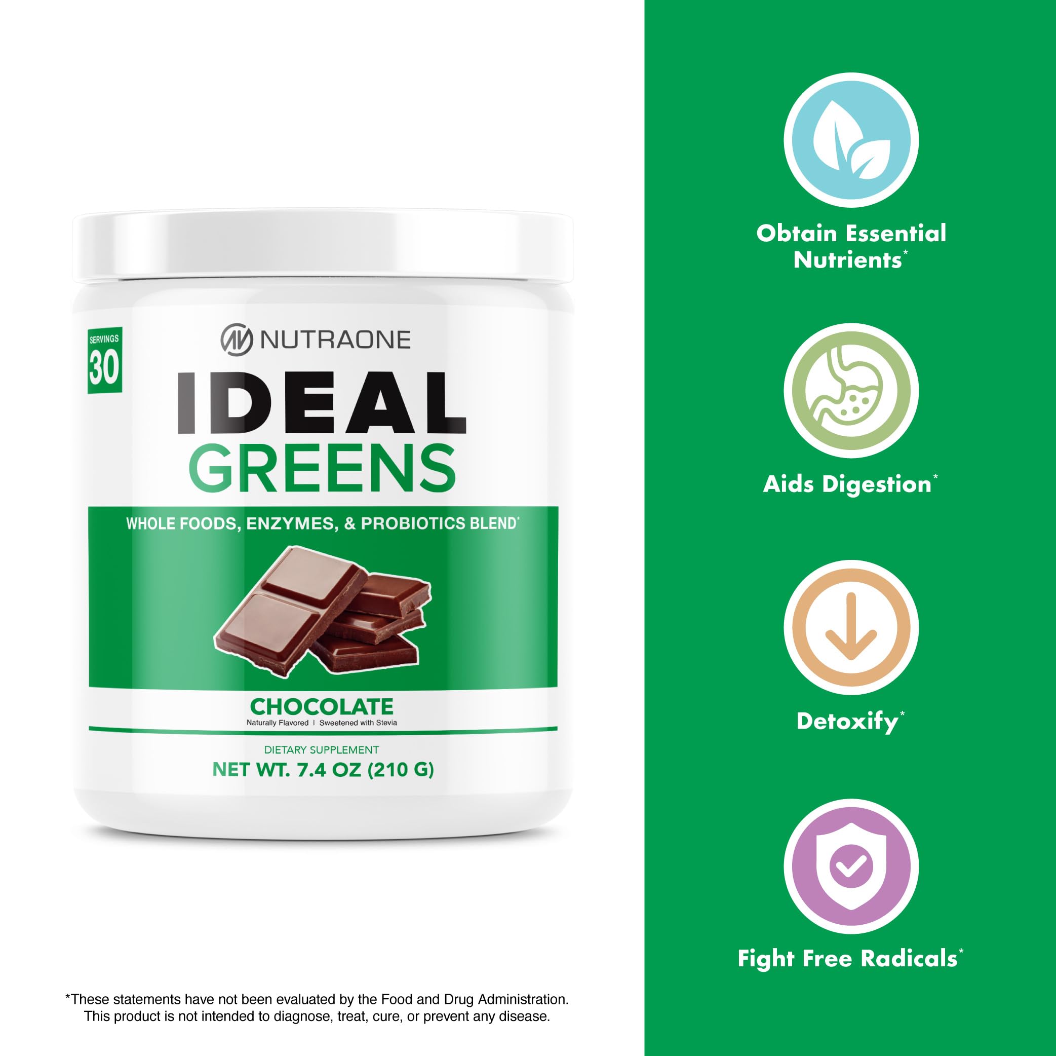 NutraOne Ideal Greens Berry spirulina-wheatgrass close-up emphasizes natural greens in a convenient powder.
