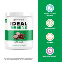 NutraOne Ideal Greens Berry spirulina-wheatgrass close-up emphasizes natural greens in a convenient powder.