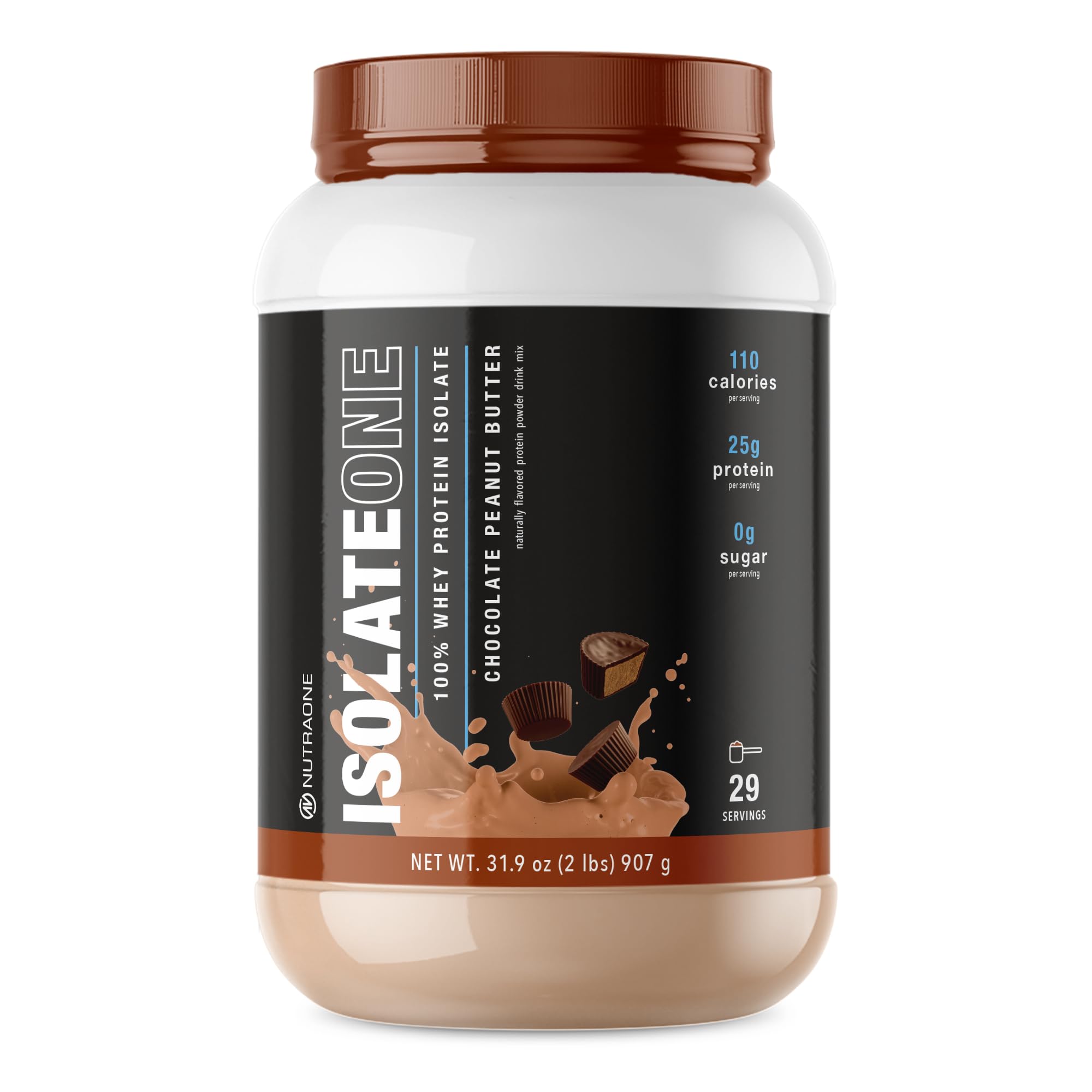 NutraOne IsolateOne whey bottle pour highlights a clean protein shake for workouts
