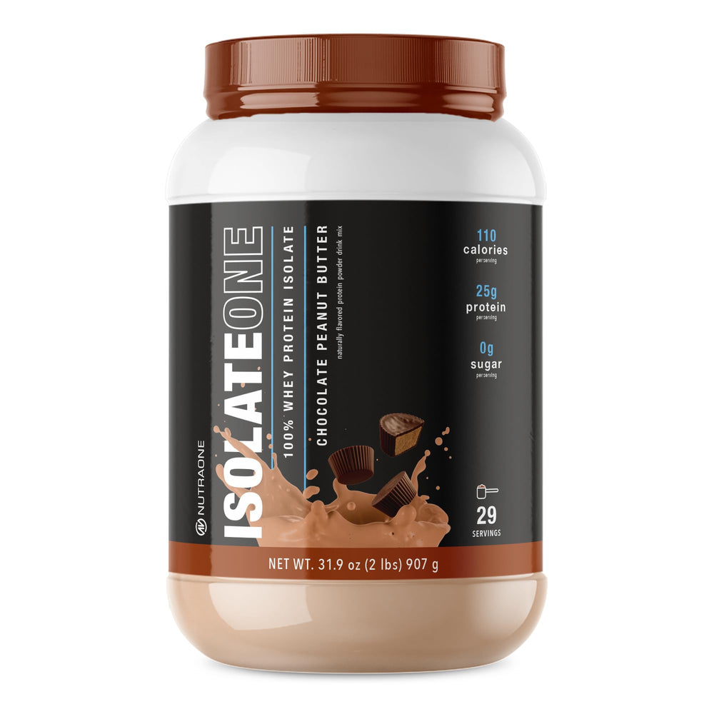 NutraOne IsolateOne whey bottle pour highlights a clean protein shake for workouts