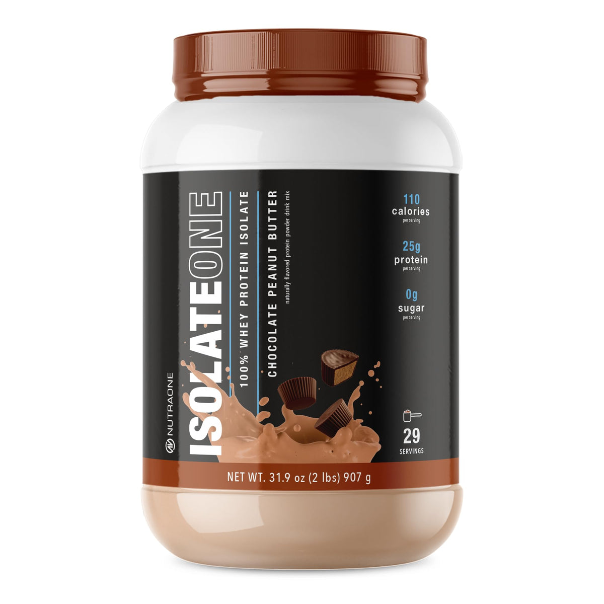 NutraOne IsolateOne whey bottle pour highlights a clean protein shake for workouts