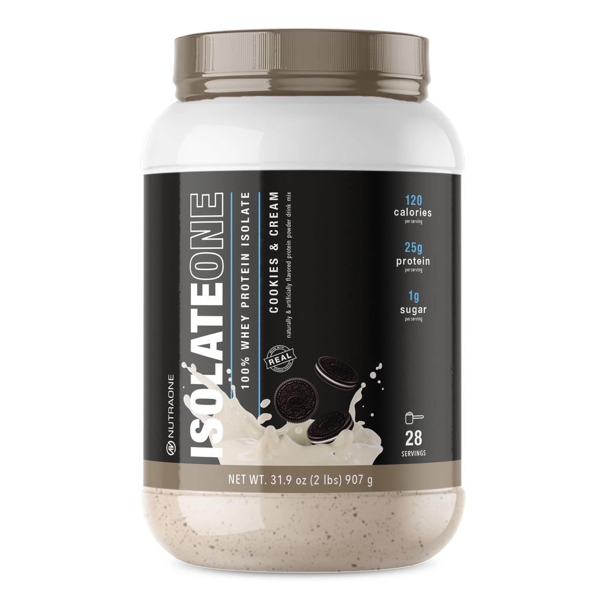 NutraOne IsolateOne Cookies & Cream bottle ready to mix for daily protein
