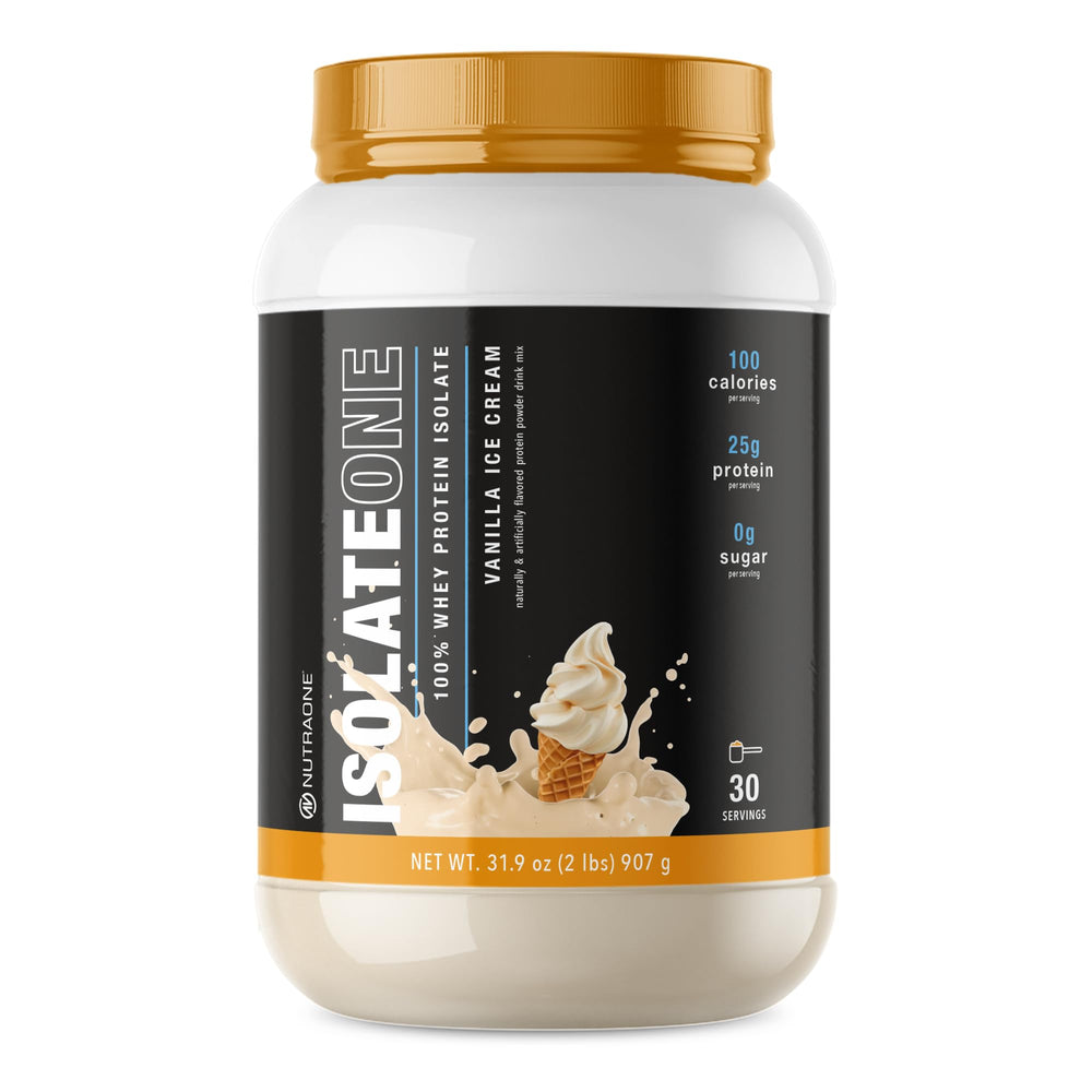 NutraOne IsolateOne vanilla whey bottle for post-workout recovery