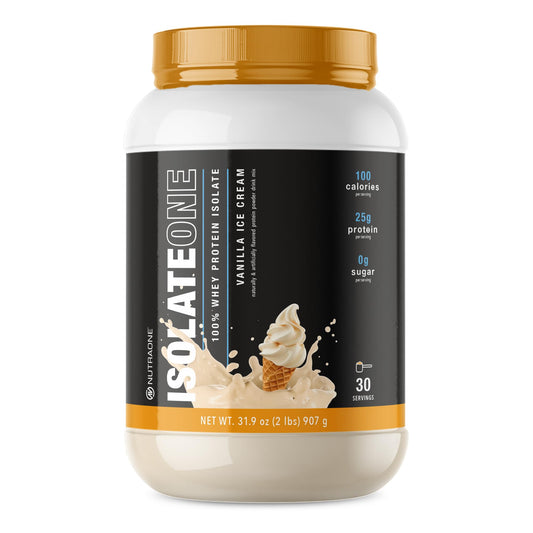 NutraOne IsolateOne vanilla whey bottle for post-workout recovery