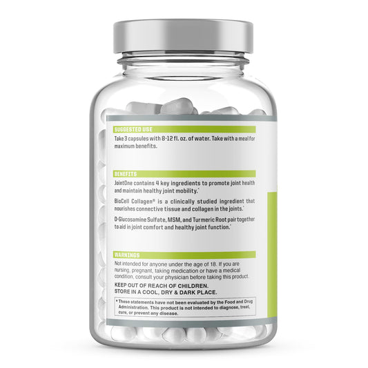 NutraOne JointOne bottle label close-up highlighting BioCell collagen and turmeric