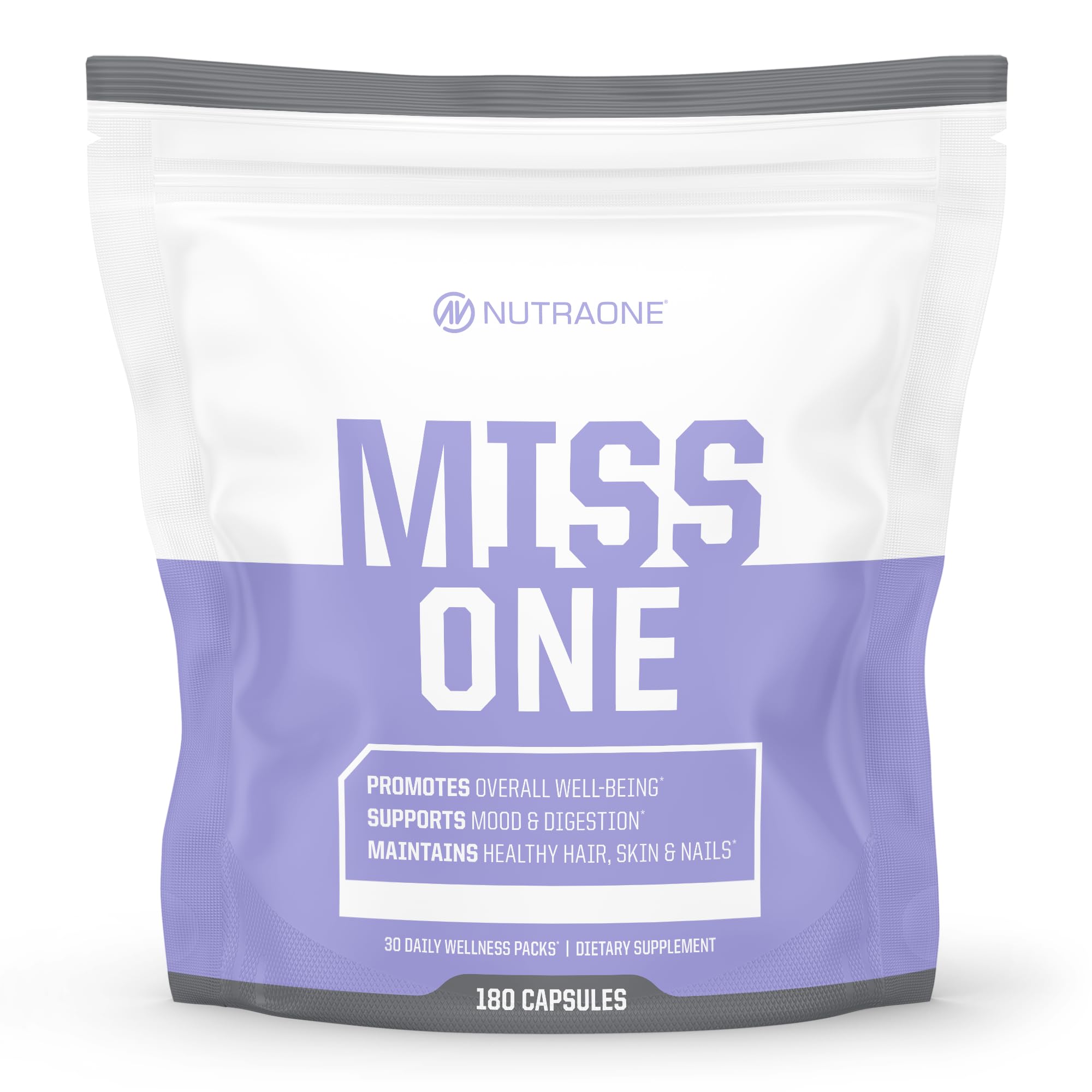 NutraOne MissOne women's daily pack bottle for convenient, complete daily nutrition.