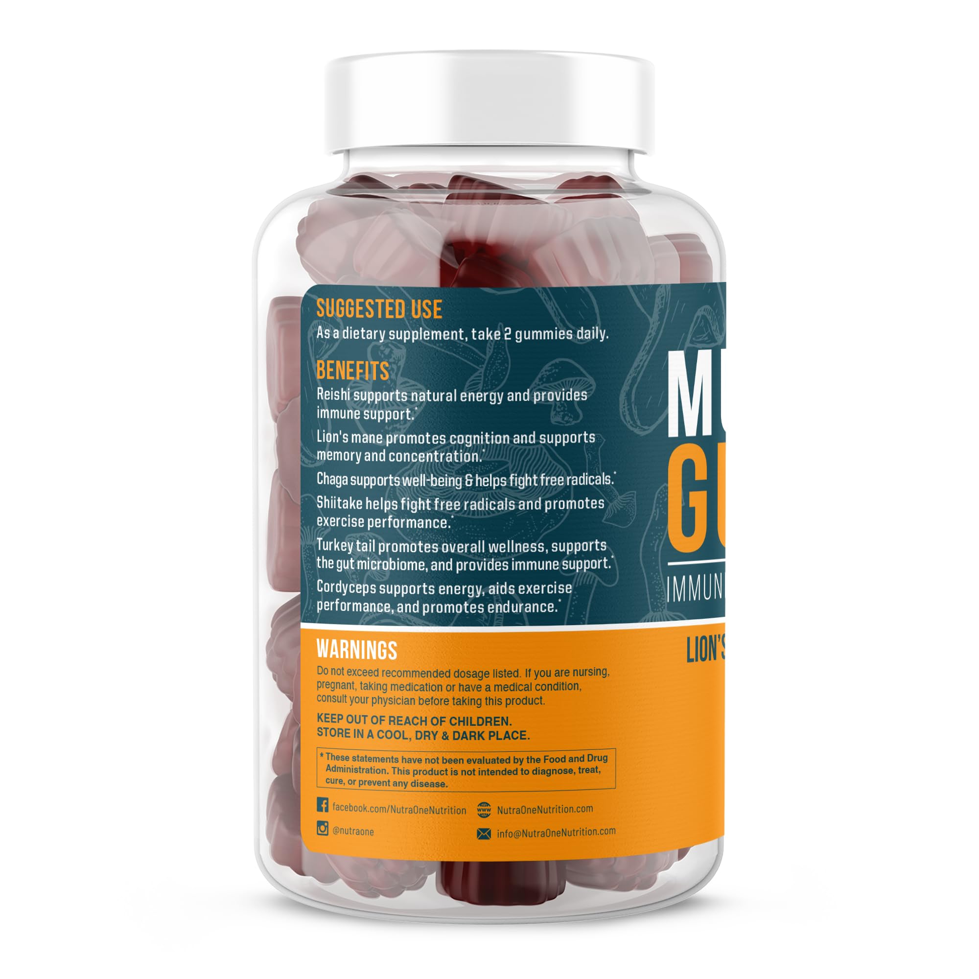 NutraOne Mushroom Gummies Raspberry bottle-back view highlighting ingredients for immune health support.