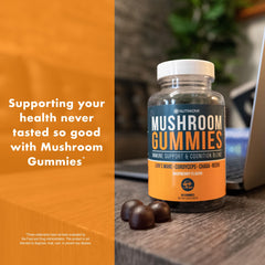 NutraOne Mushroom Gummies Raspberry label-detail highlighting Raspberry flavor and product benefits.