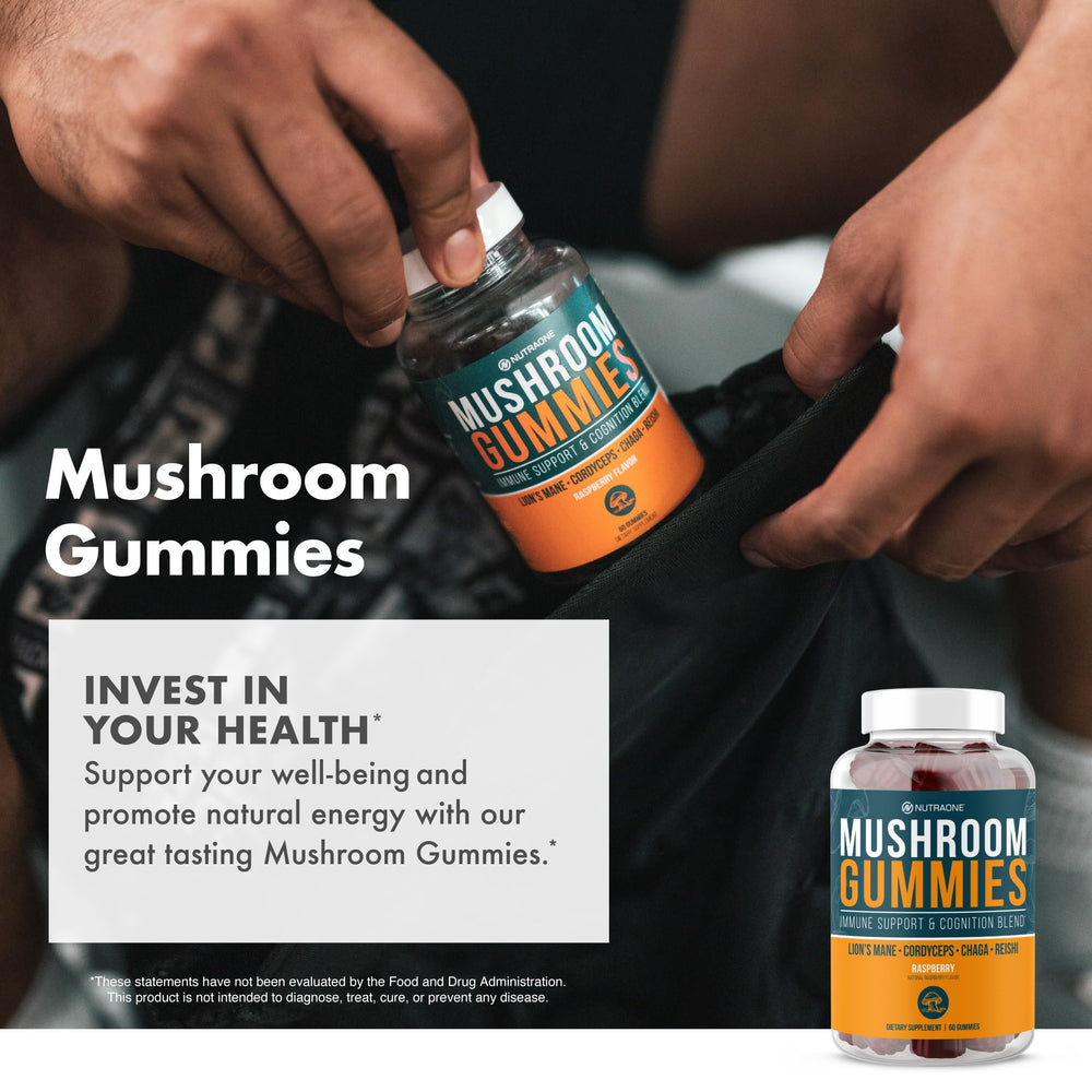 NutraOne Mushroom Gummies Raspberry texture-closeup capturing vibrant Raspberry flavor hints.