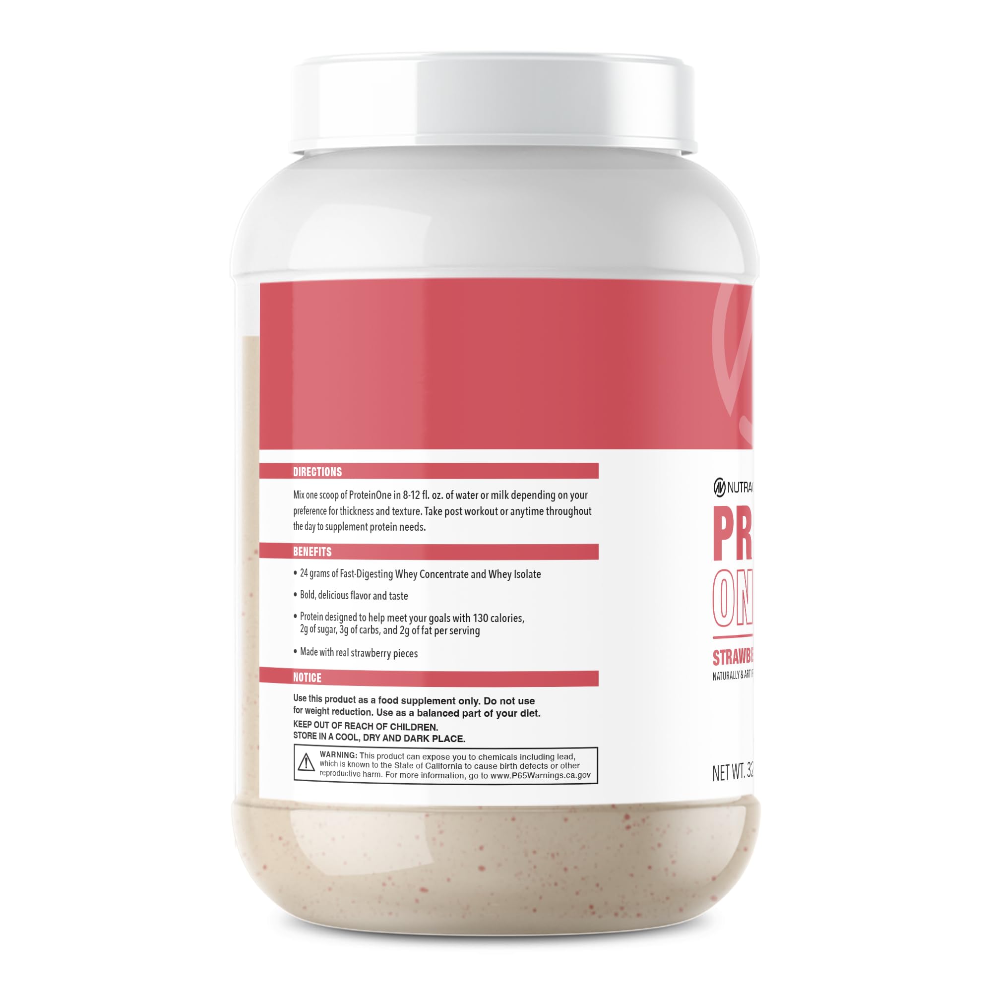 NutraOne ProteinOne bottle label close-up emphasizing quality whey protein.