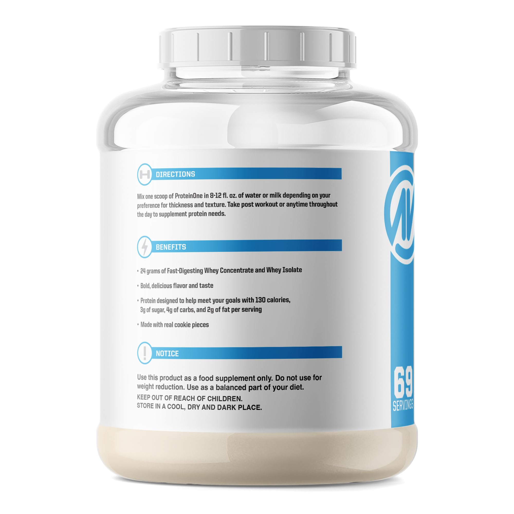 NutraOne ProteinOne Caramel Cookie Crunch scoop beside a shaker for easy mixing.