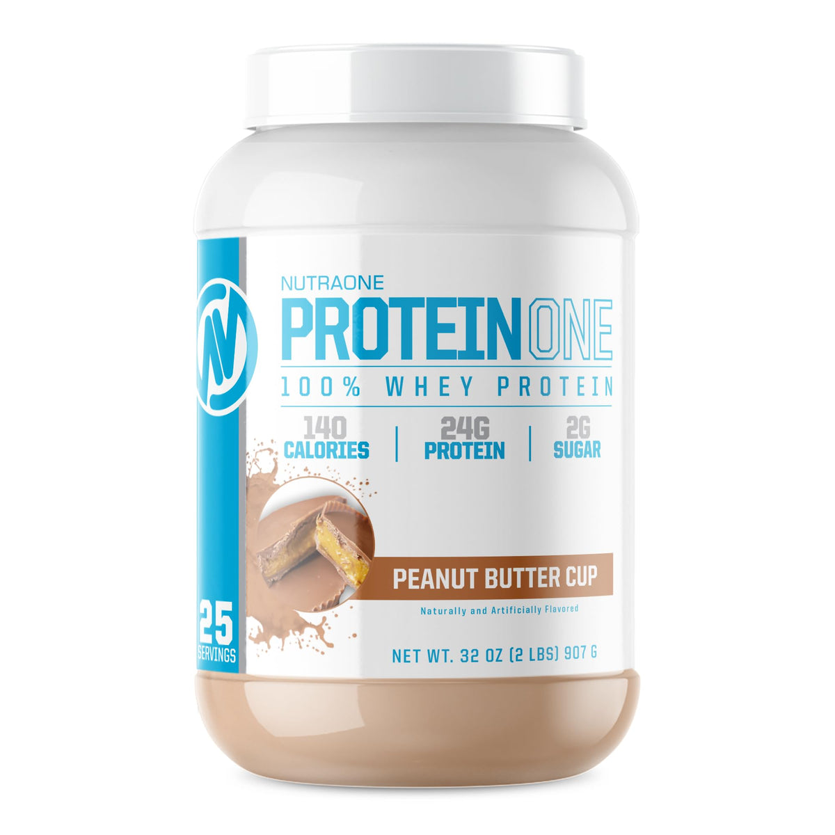NutraOne ProteinOne chocolate PB Cup powder in a jar for post-workout shakes