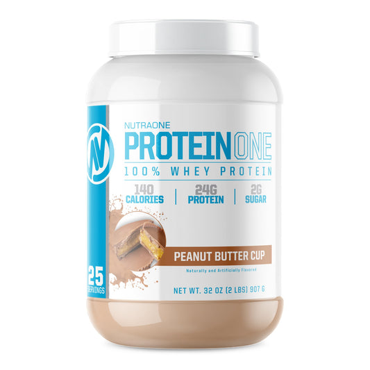 NutraOne ProteinOne chocolate PB Cup powder in a jar for post-workout shakes