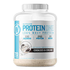 NutraOne ProteinOne cookies-cream powder tub for flavor and protein.