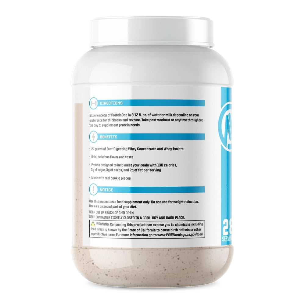 NutraOne ProteinOne Cookies Cream shake glass highlighting easy mixing after workouts