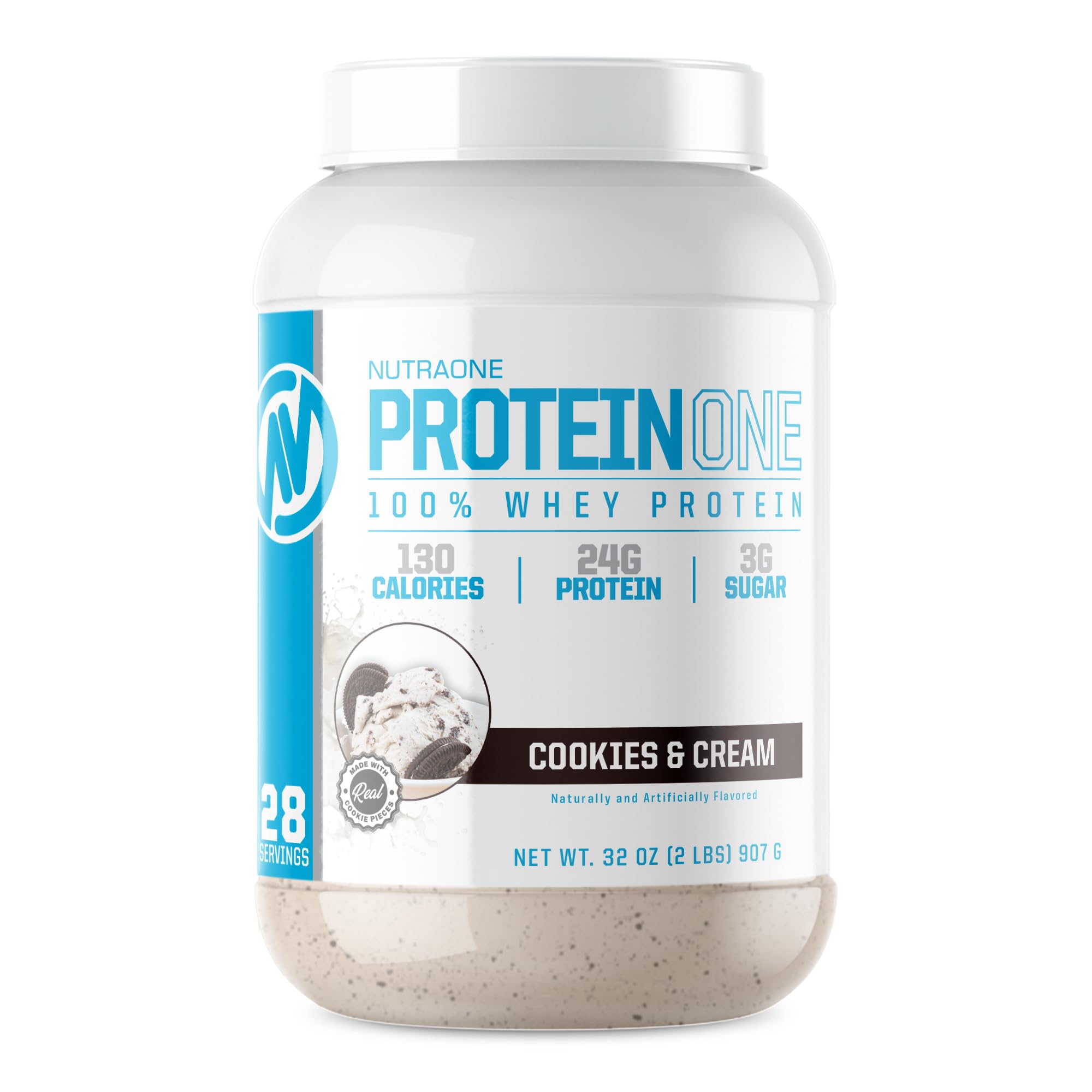 NutraOne ProteinOne Cookies Cream tin showing premium whey powder for recovery