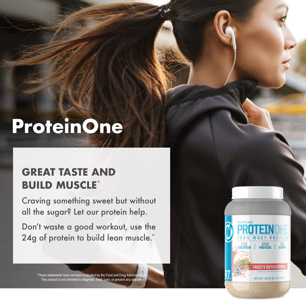 NutraOne ProteinOne daily-use setup with scoop and shaker
