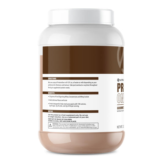 NutraOne ProteinOne gourmet chocolate flavor tub showcasing 24g protein per serving.