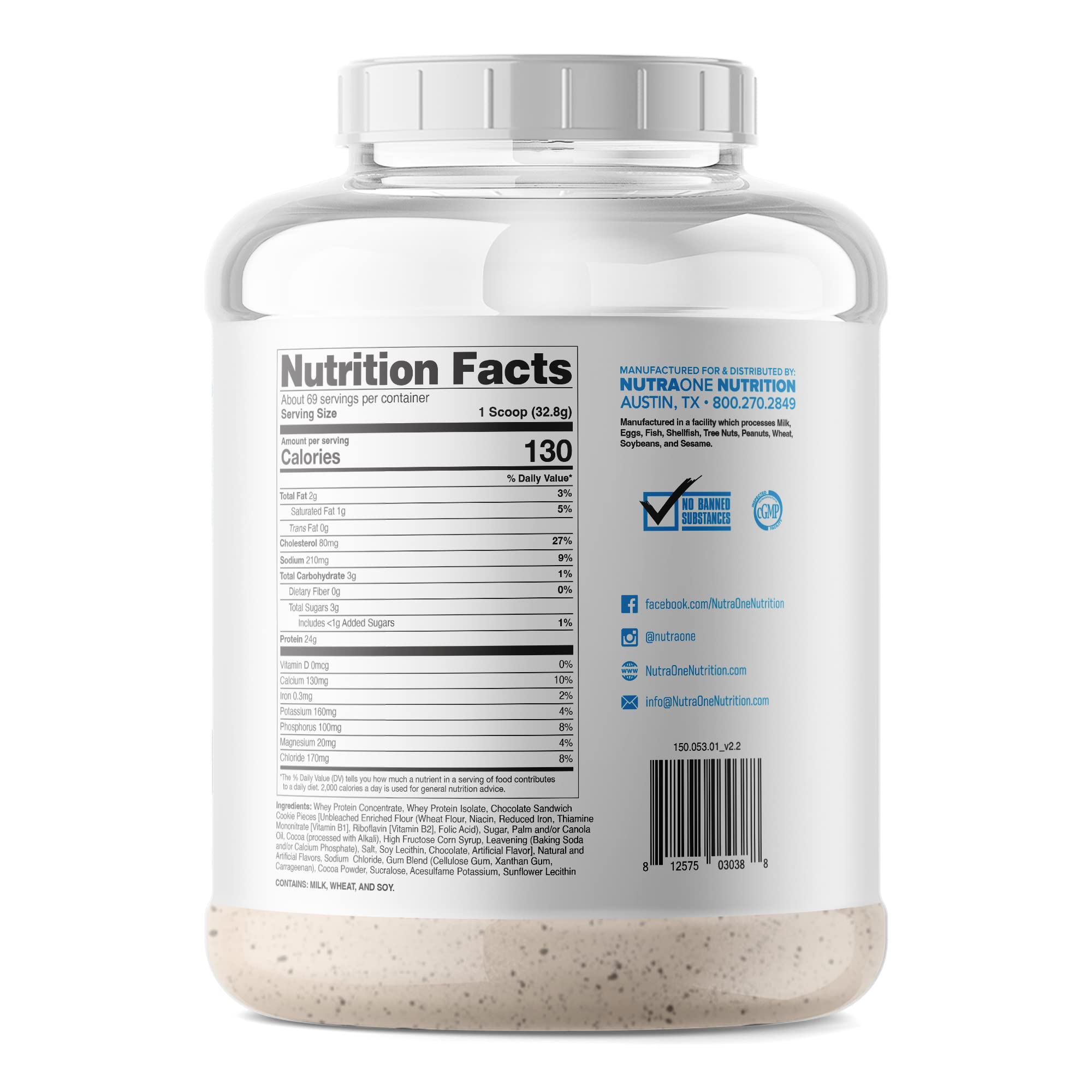 Scoop dispensing NutraOne ProteinOne powder for easy measuring.