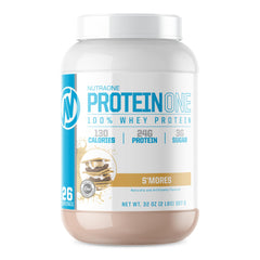NutraOne ProteinOne S’Mores powder jar for post-workout recovery and muscle support