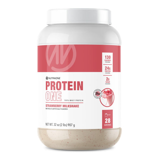 NutraOne ProteinOne strawberry milkshake powder bag highlights convenient post-workout protein.