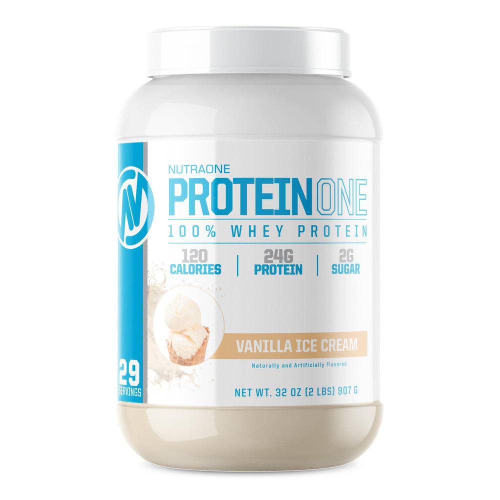 NutraOne ProteinOne Vanilla Ice Cream tub highlights premium whey for lean goals.