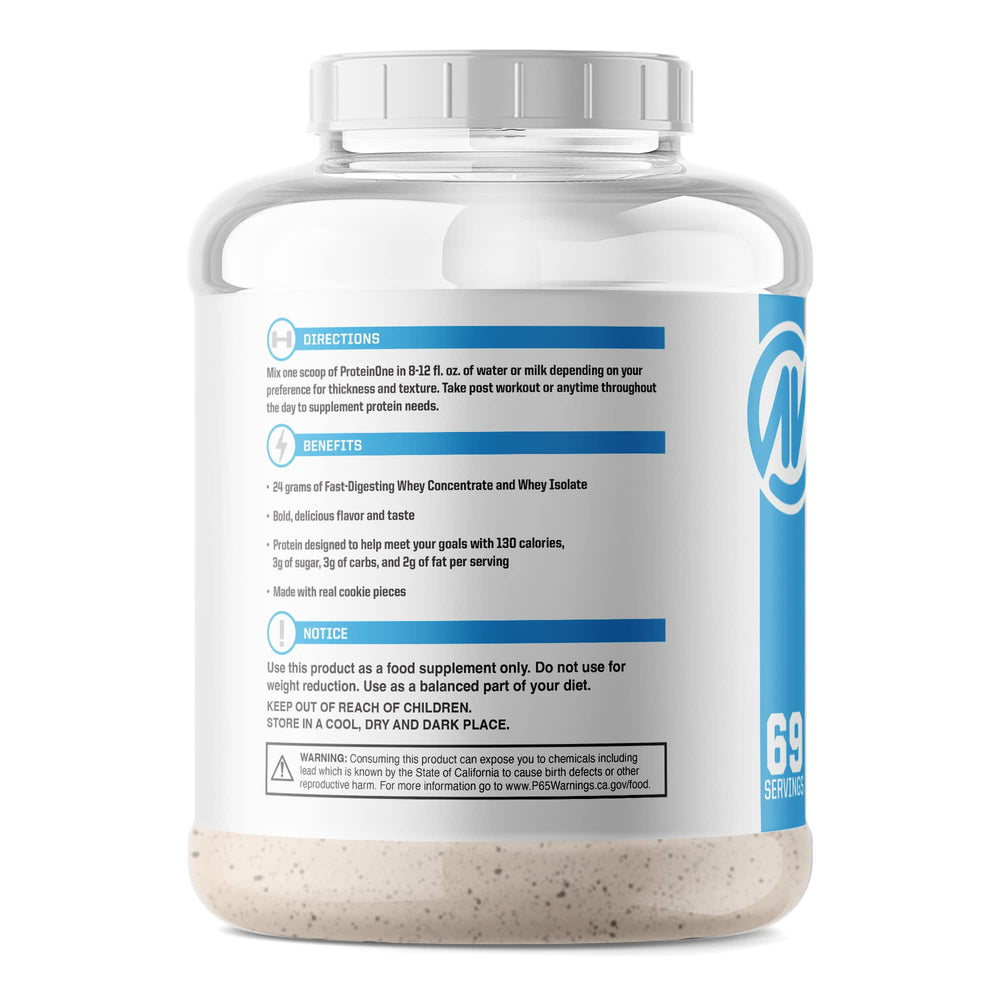 Closeup of NutraOne ProteinOne whey label showing quality.