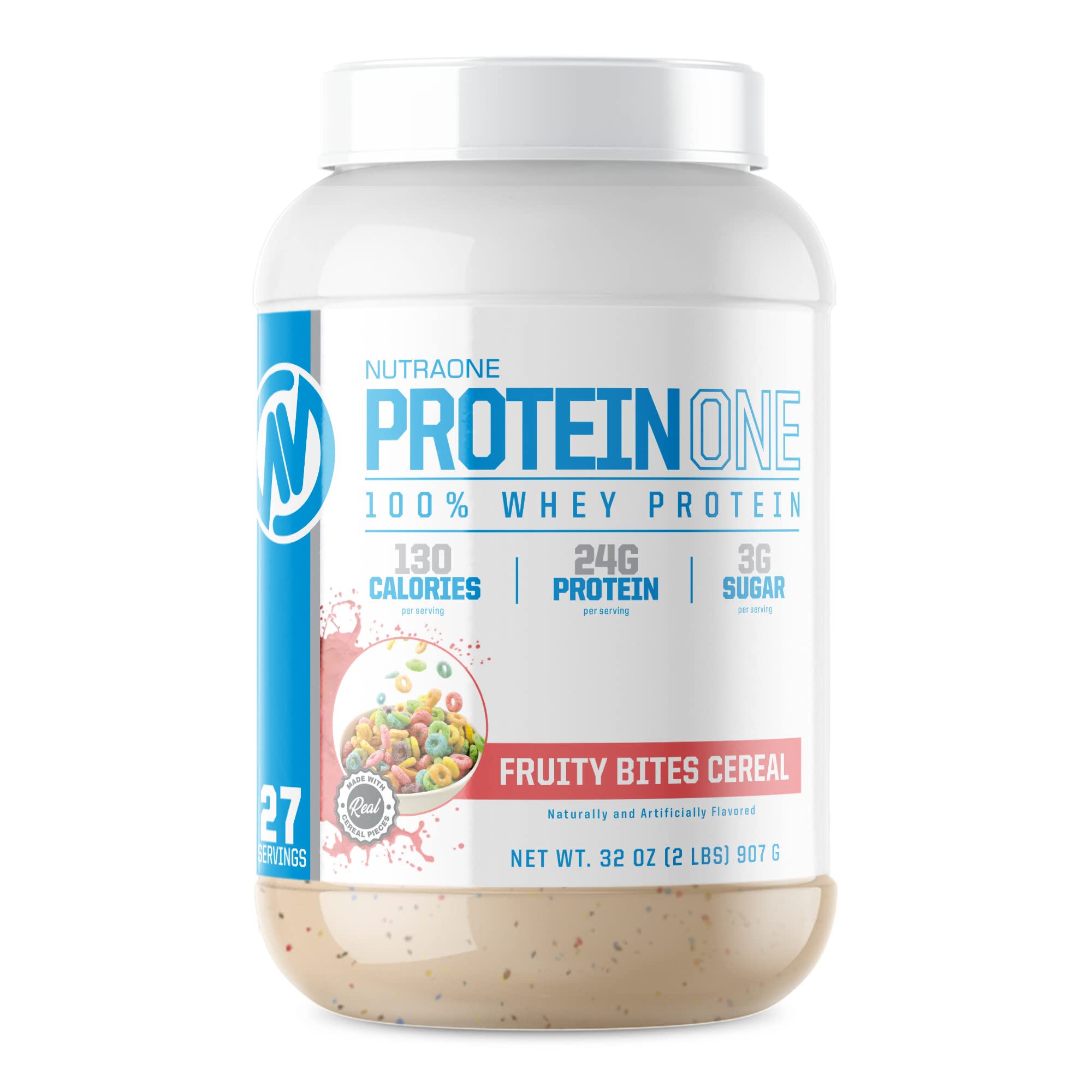 NutraOne ProteinOne tub with Fruity Bites Cereal flavor for post-workout protein