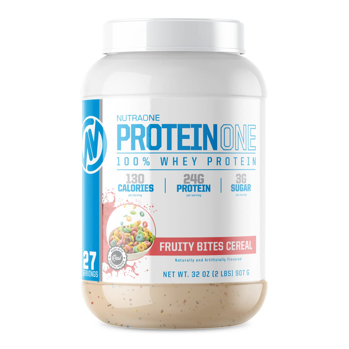 NutraOne ProteinOne tub with Fruity Bites Cereal flavor for post-workout protein