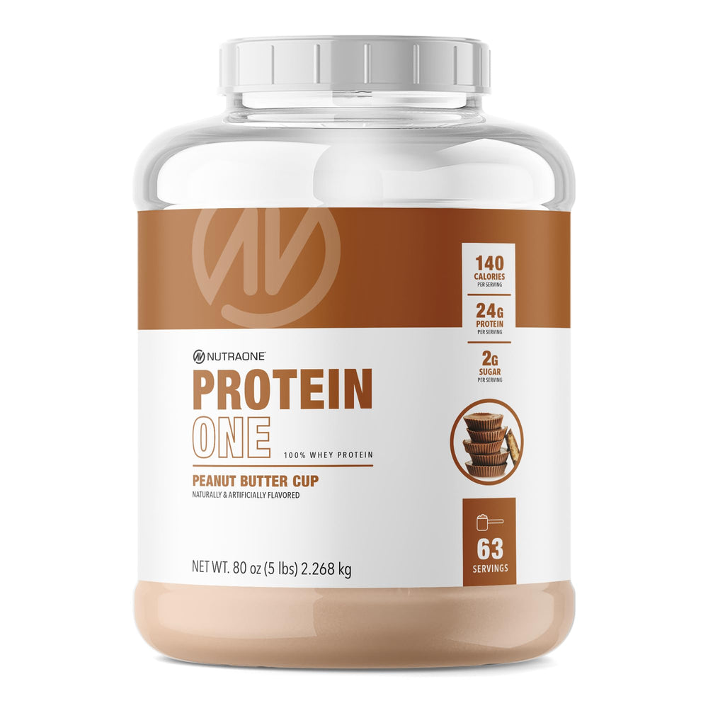 NutraOne ProteinOne whey protein chocolate PB Cup shake for post-workout recovery