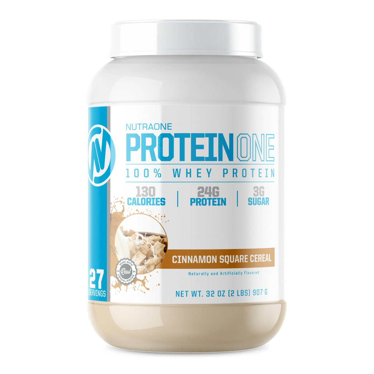 NutraOne ProteinOne Cinnamon Square tub with whey powder for workouts